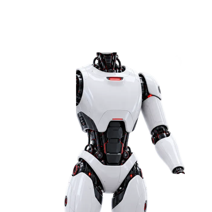 Robot umanoid alb cu accente roșii, cu degetul ridicat spre titlu
